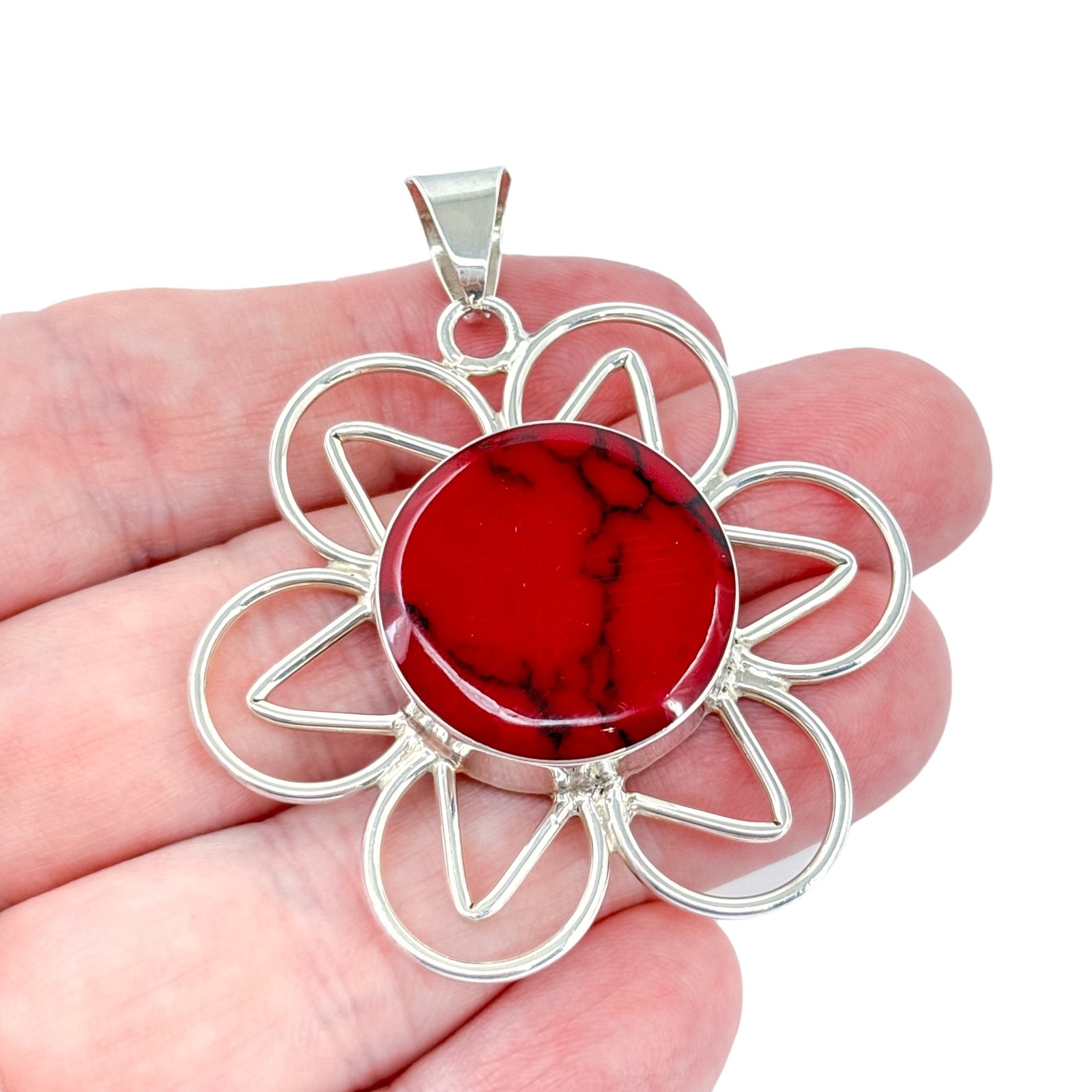 Vintage Mexico Sterling Silver 925 Red Jasper Flower Pendant